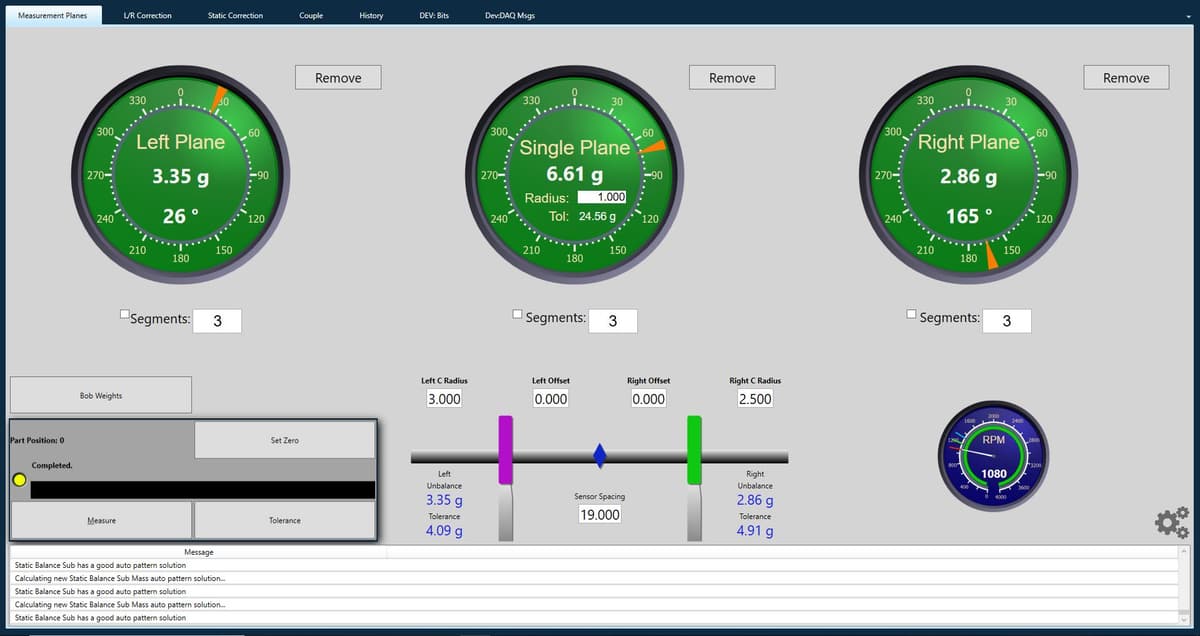 ProBal DBS Dynamic Balancing Software touchscreen interface showing 2-plane measurement
