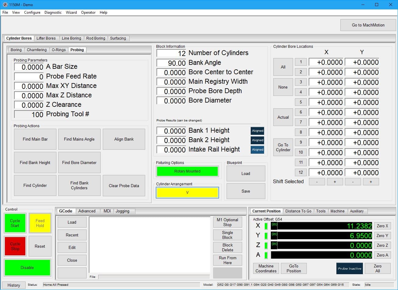 BlockMaster conversational CNC software touchscreen interface with engine block probing